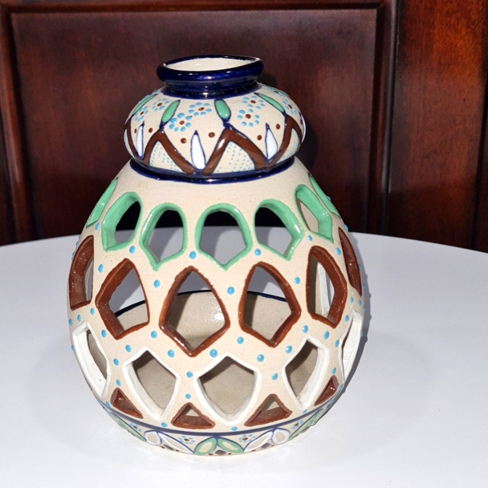 Javier Servin Mexico Hand Painted & Signed Ceramic Tea Light Candle Holder